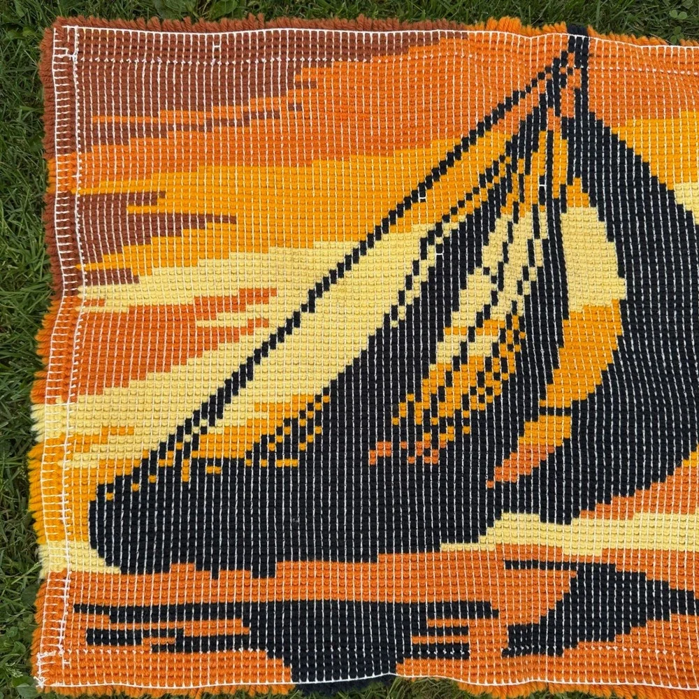 Vintage Latch Hook‎ Rug 35x24 Orange Sailboat Sunset Retro 70s Wall Hanging